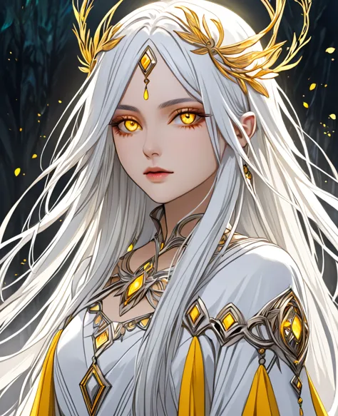 Create a character with striking white hair and vivid yellow eyes. She should exude an ethereal and mysterious aura, with her ap...