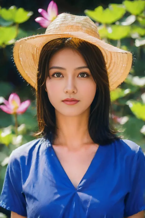 21-year-old girl,fashion photography portrait of human head in blue,in bloom、in the blue jungle with birds singing and flowers b...