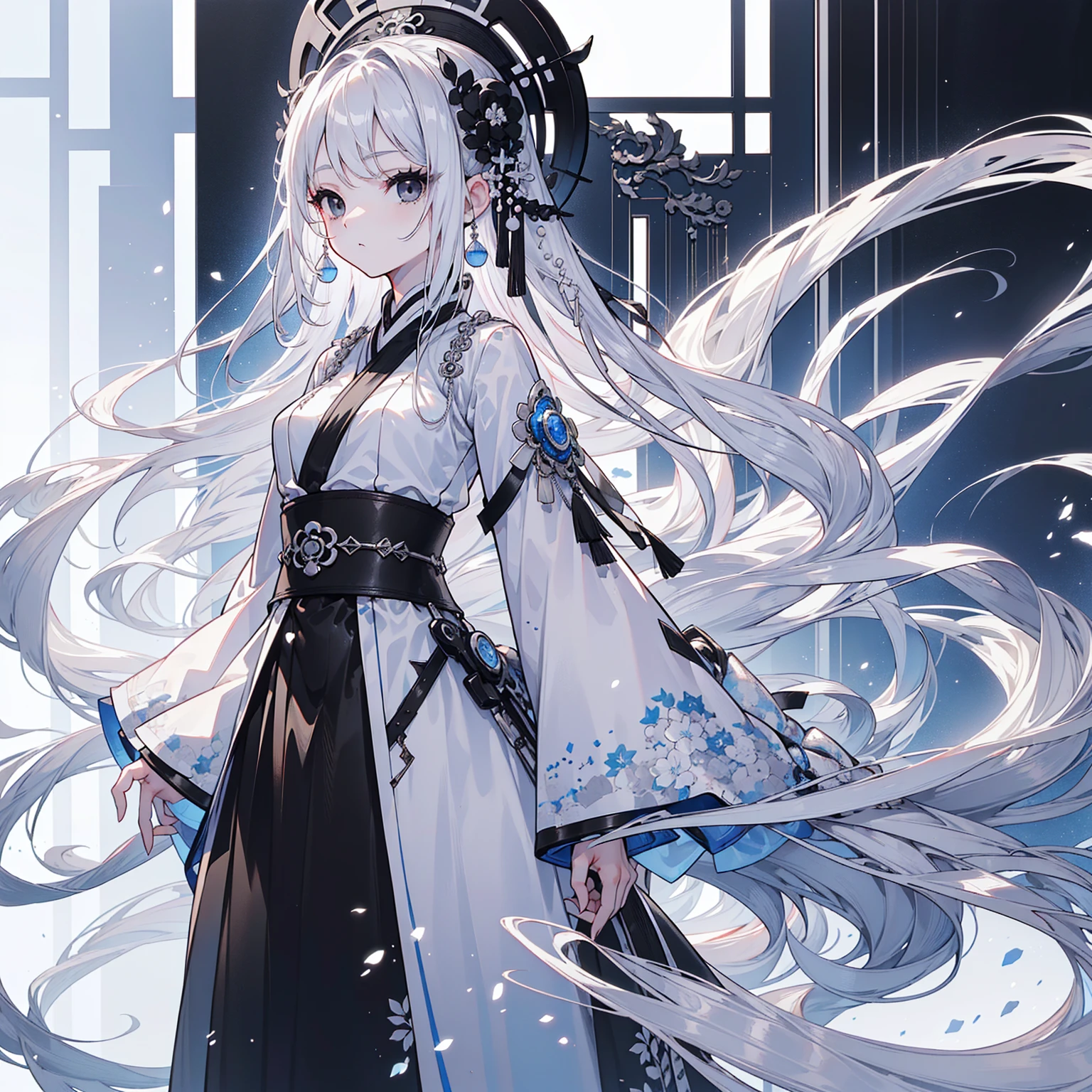 (Top image quality)、(Ultra Detailed)、(Facing forward)、top quality、masterpiece、(((1 girl)))、Silver Hair、white hair、((Long hair))、(black eyes:1.6)、(Hanfu)