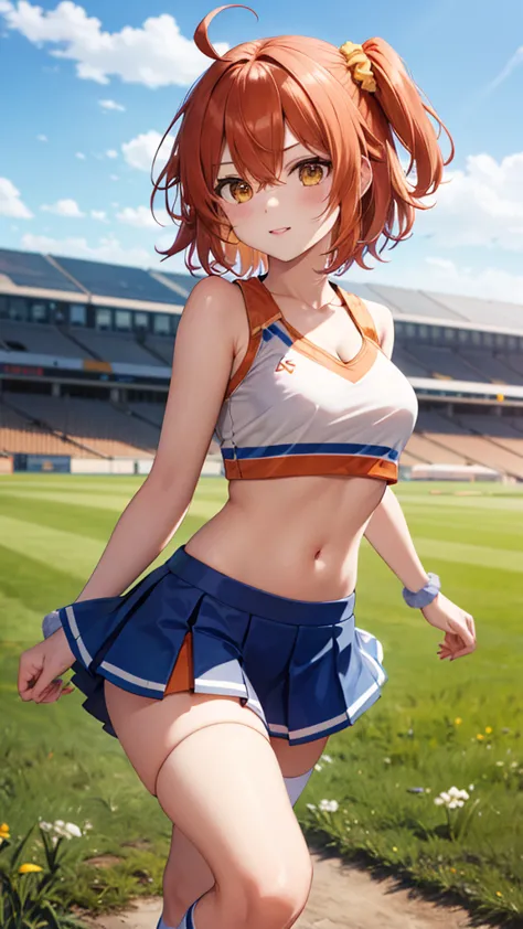 masterpiece, best quality, highres, aaritsuka, short hair, ahoge, hair scrunchie, orange scrunchie, medium breasts, cheerleader,...