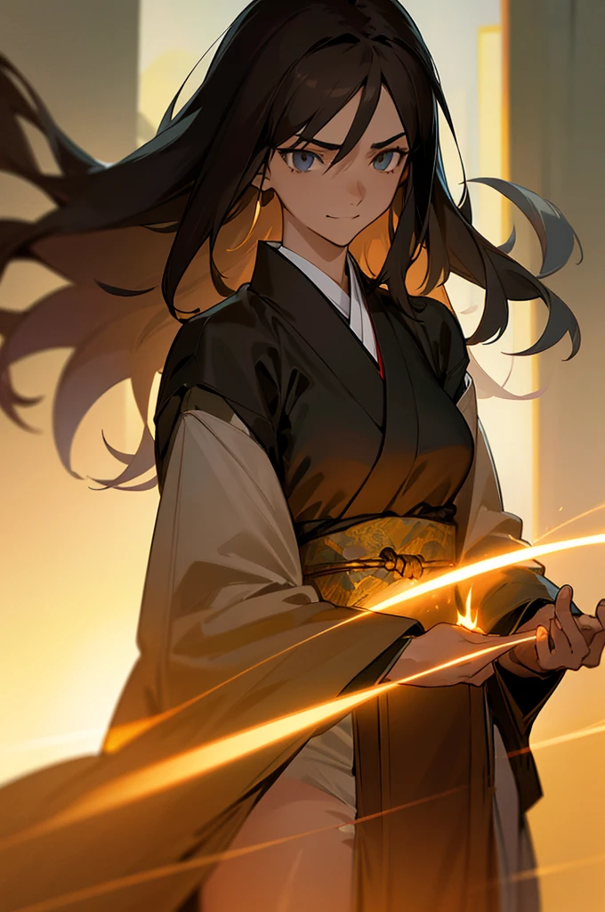 volumetric lighting, ambient lighting, highres, masterpiece, 8k, alone, one woman, melancholy, young adult, black mystic eyes, detailed dark brown hair, long hair, tan skin, smirking, (wearing japanese sexy clothes), medium breasts, atletic body, wanderer