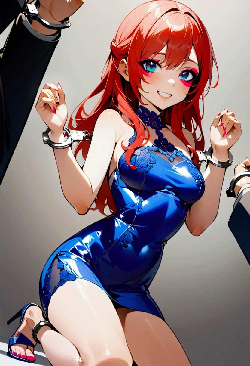 Excellent image, young girl with bright makeup in a blue lace microdress with open shoulders, with red hair, wearing high heel sandals, Hands in handcuffs, handcuffs on hands, the charges are shackled, arrest, Hands handcuffed, Posing in full growth, playful smile