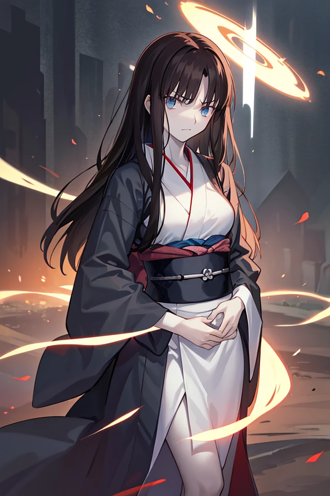 volumetric lighting, ambient lighting, highres, masterpiece, 8k, alone, one woman, melancholy, young adult, heavenly eyes, detailed dark brown hair, long greasy hair, pale skin, (wearing open kimono), medium breasts, atletic body, wanderer, angry