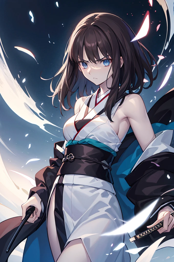 volumetric lighting, ambient lighting, highres, masterpiece, 8k, alone, one woman, melancholy, young adult, heavenly silver eyes, detailed dark brown hair, long greasy hair, pale skin, (wearing open kimono), medium breasts, atletic body, wanderer, sexy, angry, holding katana