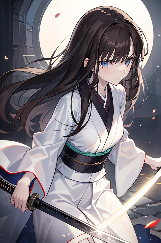 volumetric lighting, ambient lighting, highres, masterpiece, 8k, alone, one woman, melancholy, young adult, heavenly silver eyes, detailed dark brown hair, long greasy hair, pale skin, (wearing short kimono), medium breasts, atletic body, wanderer, sexy, angry, holding katana