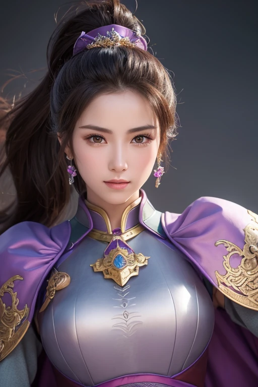 Close-up of a woman in armor and purple cape, ponytail,Large Breasts,Highly detailed face and skin texture,Three Kingdoms,Xianxia Hero, Chinese Warrior,Perfect beauty: 1.4, fine grain,double eyelid, Whitening skin,Highest quality,Ultra-high resolution