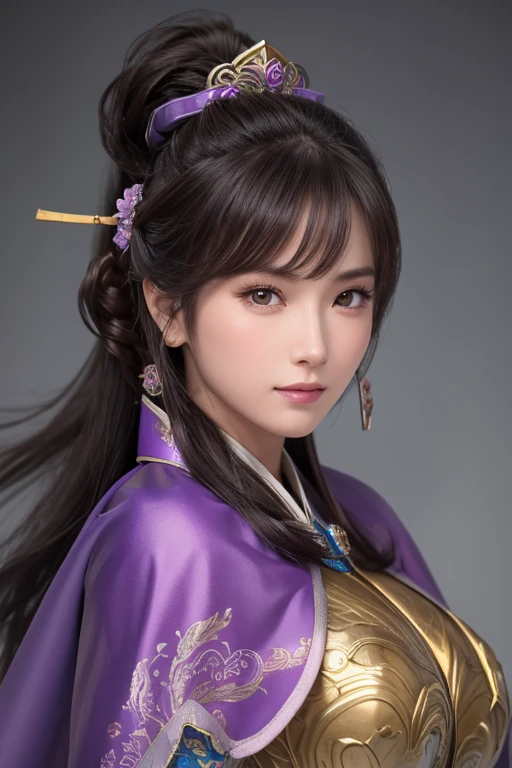 Close-up of a woman in armor and purple cape, ponytail,With bangs,Large Breasts,Highly detailed face and skin texture,Three Kingdoms,Xianxia Hero, Chinese Warrior,Perfect beauty: 1.4, fine grain,double eyelid, Whitening skin,Highest quality,Ultra-high resolution