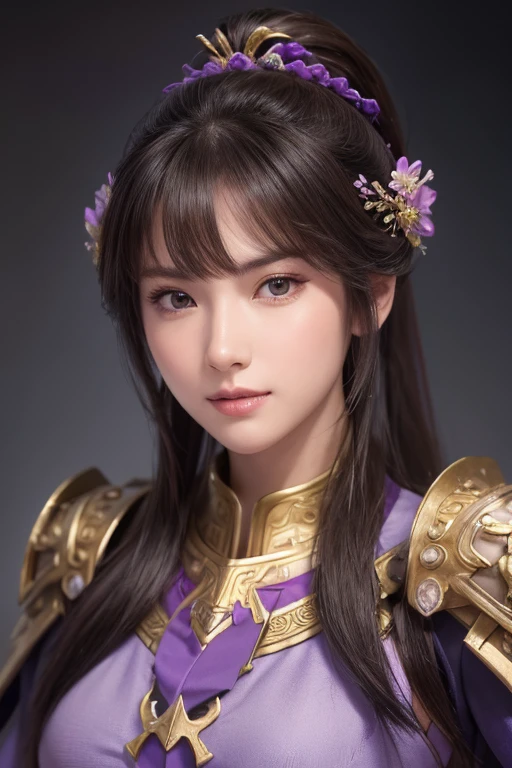 Close-up of a woman in armor and purple cape, ponytail,With bangs,Large Breasts,Highly detailed face and skin texture,Three Kingdoms,Xianxia Hero, Chinese Warrior,Perfect beauty: 1.4, fine grain,double eyelid, Whitening skin,Highest quality,Ultra-high resolution