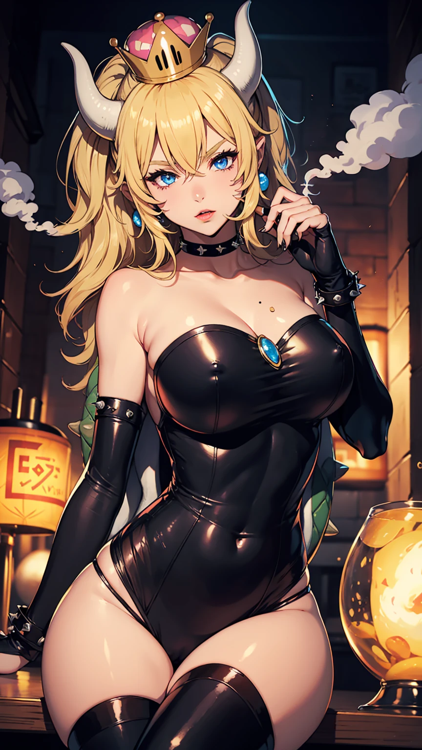 punctuation_9, punctuation_8_High above, punctuation_7_High above,punctuation_6_High above, punctuation_5_High above, punctuation_4_High above , breasts big, 1 girl, Bowsette, standing alone, hollow, hollow,smoke,cigar,Cigar in hand,smoke,makeHigh above, hair blonde, bangss, side locks, thick eyebrows, hair between the eyes, makeHigh above, biquini muito curto e transparentes preto, collant preto, transparentes, black choker, thigh boots, separate breasts, sitting down,cross legs, pub \(place\), neon lights, light particles, bothered, half-closed eyes, dim_Lighting,(((sexy shoulders))), (((ombros Fhollow))), (((in this)))