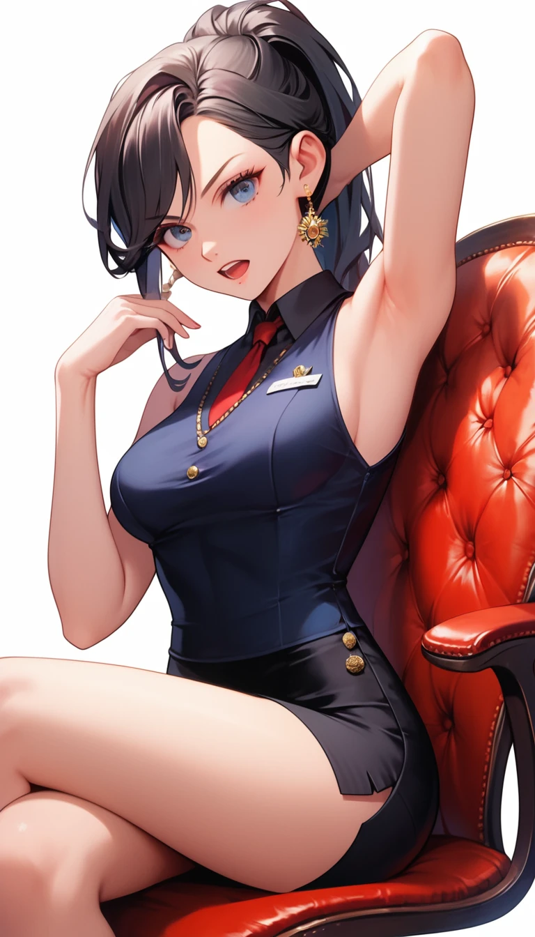 Masterpiece, Score_9, score_8_up, 8k, ultra-detailed, Ultra-high resolution, high-quality, 1girl, cute, perfect anatomy, black hair, ponytail hair, sleeveless uniform, mini skirt, miss secretary, medium breasts, armpits, sitting, elegant, chair, serious expression, open mouth, sexy, secretary background