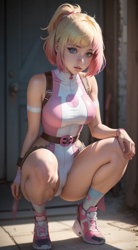 gwenpool, 1 girl, hair blonde, multicolored hair, standing alone, blue colored eyes, shorth hair, gradient hair, waist belt, two...