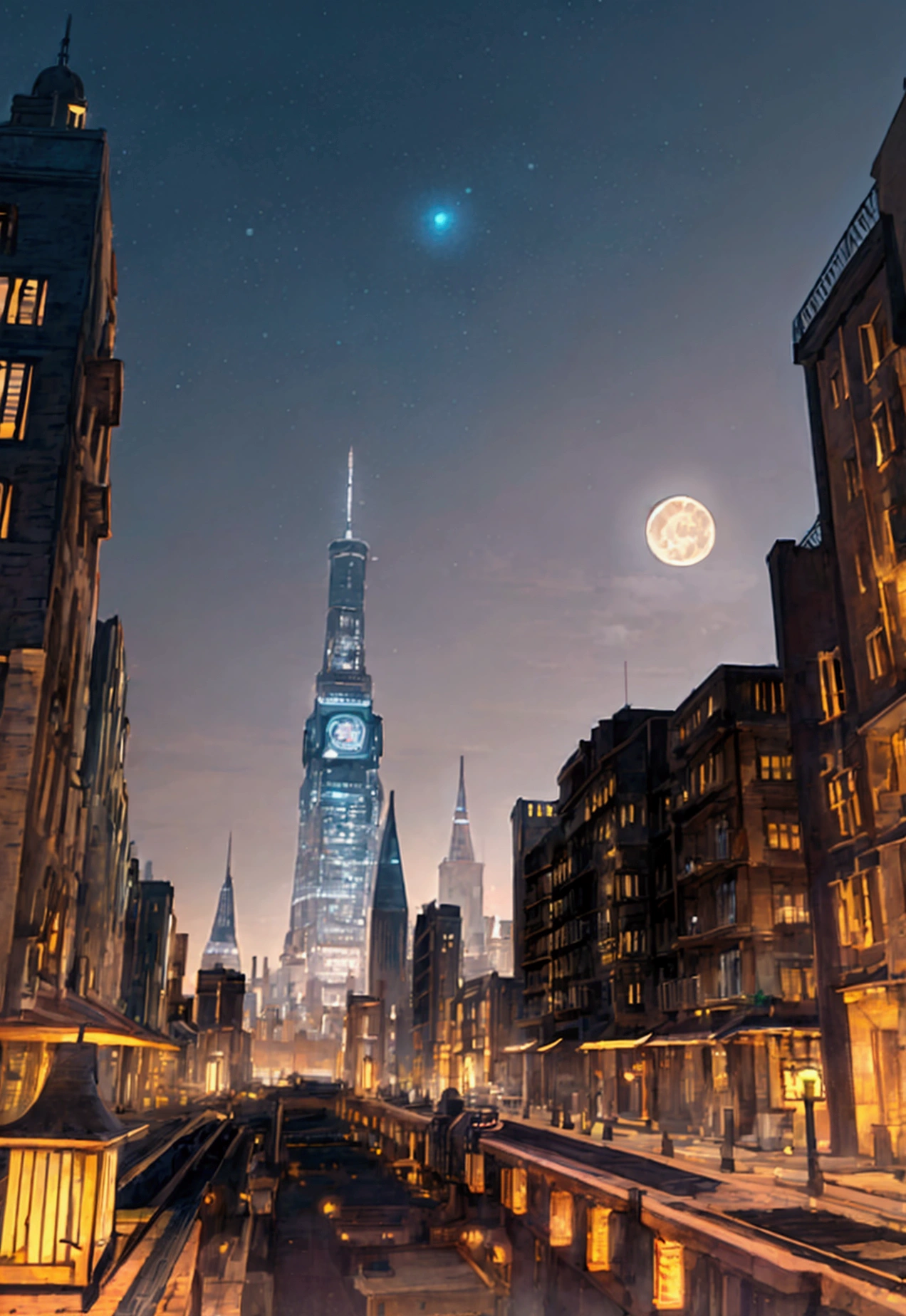 landscape of a city, steampunk, night, moon, from front view, wide angle