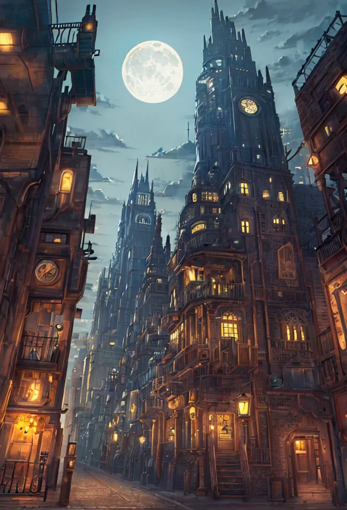 landscape of a city, steampunk, night, moon, from front view, wide angle