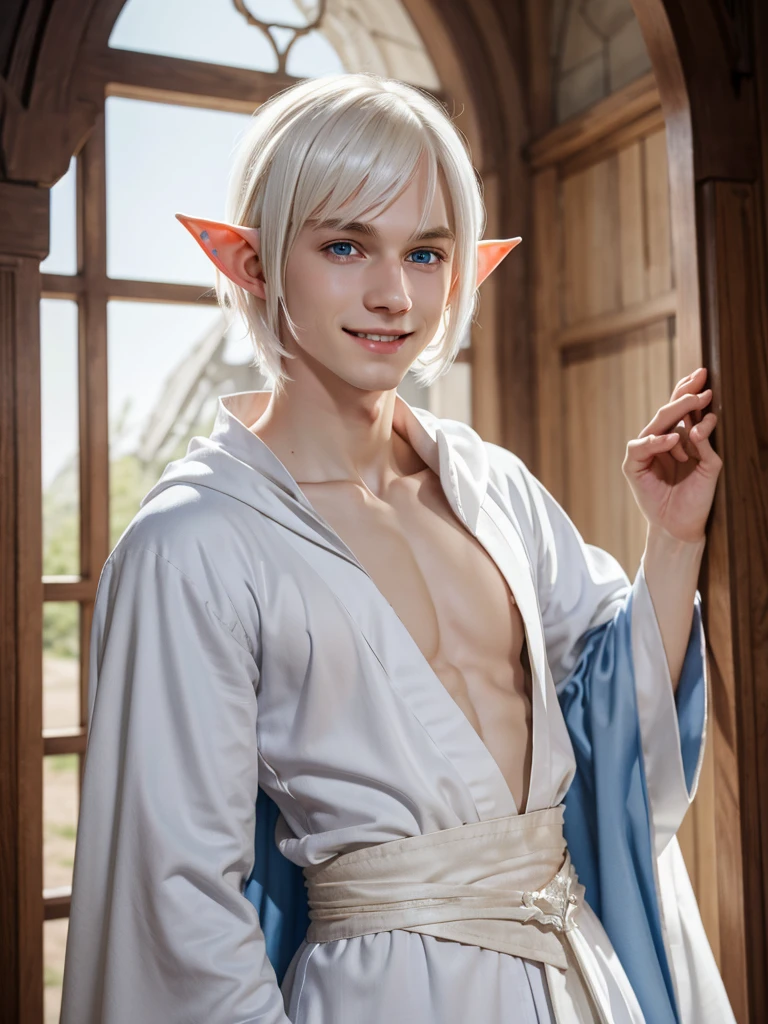 (best quality), 1boy, male, pale skin, white hair, medium hair, swept bangs, straight hair, blue eyes, perfect eyes, smile, blush, (elf), pointed ears, fantasy robe, skinny body, masterpiece, anatomically correct, highres
