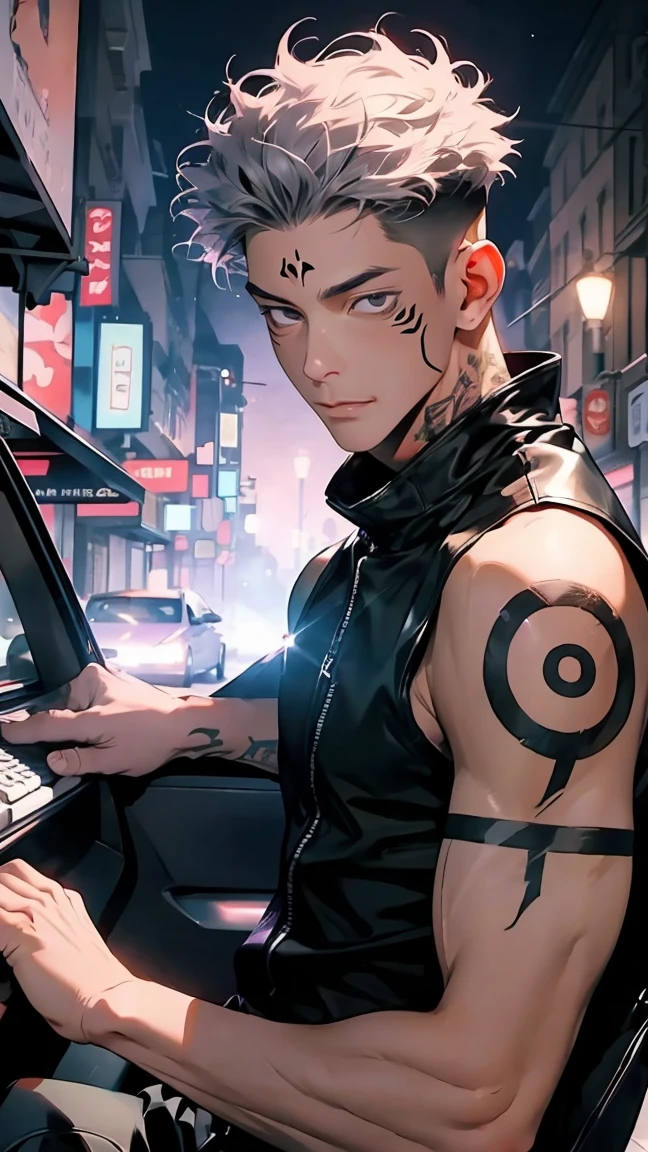 highest quality, 8K, high resolution image, anime style Jujutsu Kaisen, detailed strokes, bored look, blurry, purple light reflecting from it, (close angle), 1 man, male, model, (Ryomen Sukuna's Tattoos) ,Hands tap on the keyboard, cool guy, multicolored background with different geometric shapes, around stickers, muscular, grey hair, grey eyes, short hair hairstyle: undercut, puffy chest. he is wearing a leather jacket with gold ones Details a white white tank top and a black pants, background: city, street, cars, taxi, people, pigeons