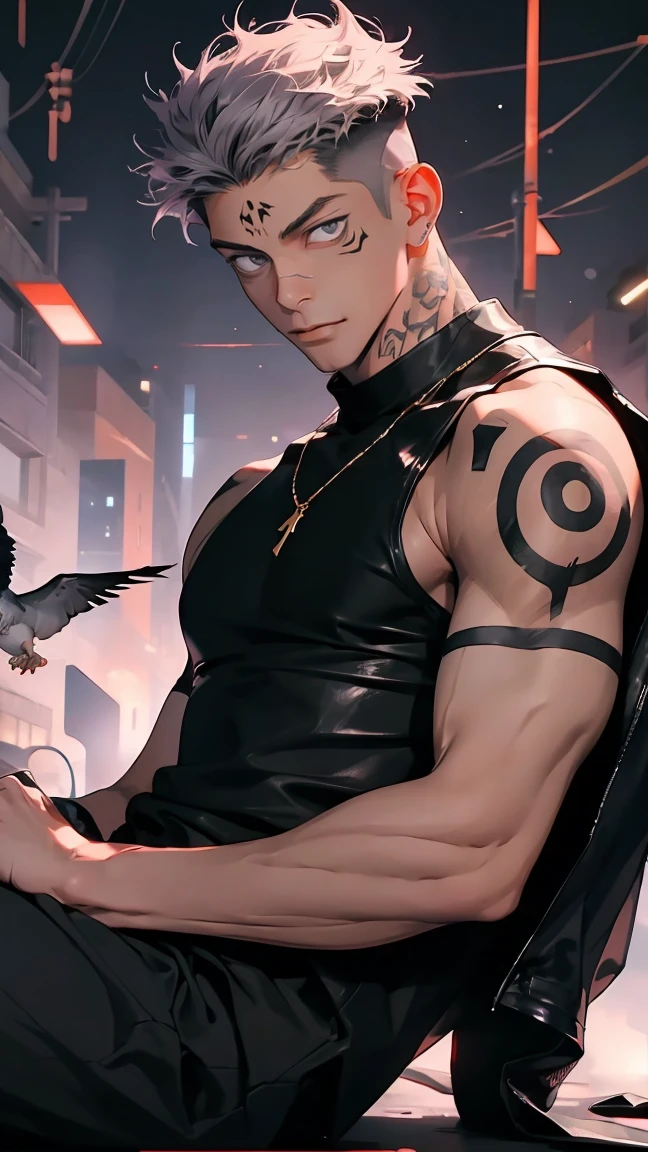 highest quality, 8K, high resolution image, anime style Jujutsu Kaisen, detailed strokes, bored look, blurry, purple light reflecting from it, (close angle), 1 man, male, model, (Ryomen Sukuna's Tattoos) ,Hands tap on the keyboard, cool guy, multicolored background with different geometric shapes, around stickers, muscular, grey hair, grey eyes, short hair hairstyle: undercut, puffy chest. he is wearing a leather jacket with gold ones Details a white white tank top and a black pants, background: city, street, cars, taxi, people, pigeons