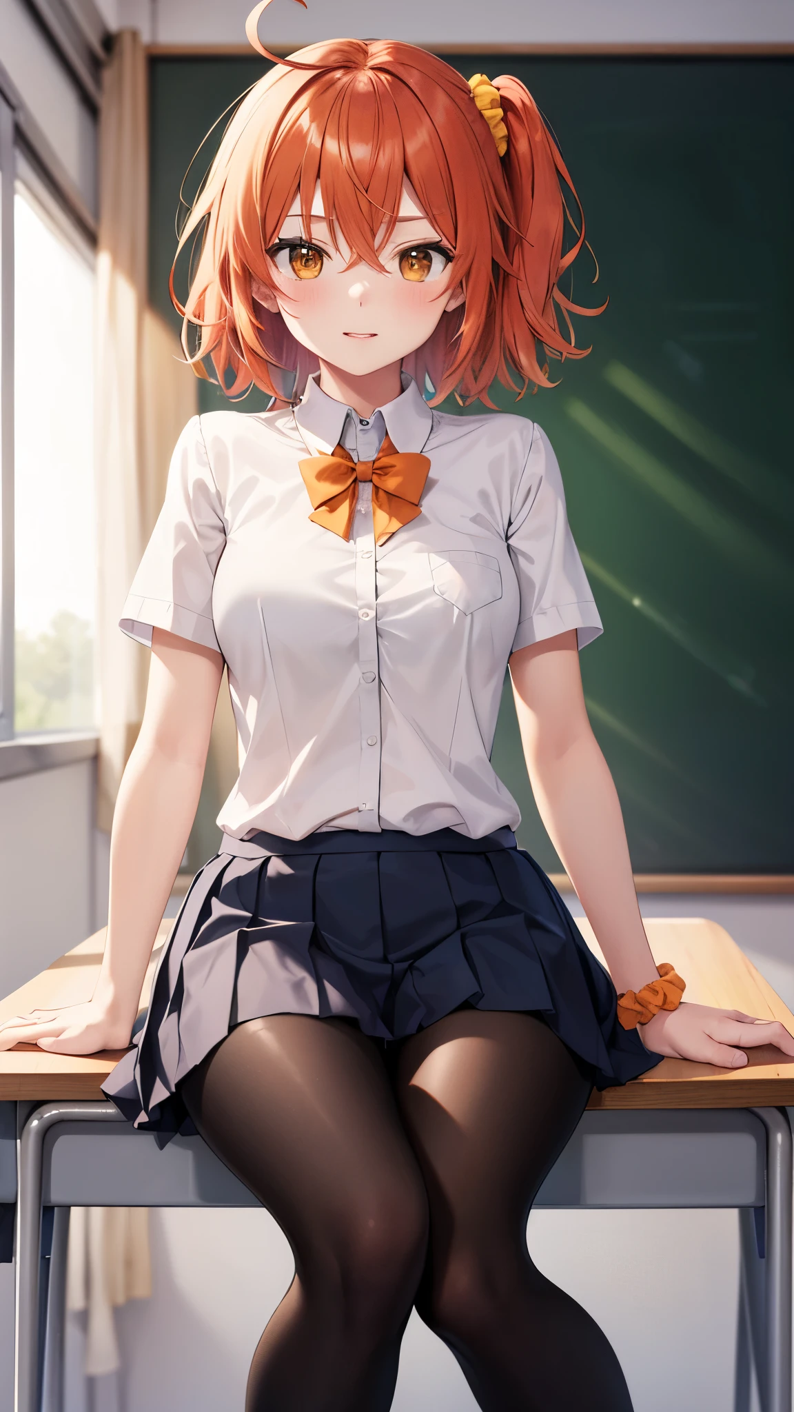 masterpiece, best quality, highres, aaritsuka, short hair, ahoge, hair scrunchie, orange scrunchie, white school shirt, pleated miniskirt, classroom, pantyhose, medium breasts, sitting