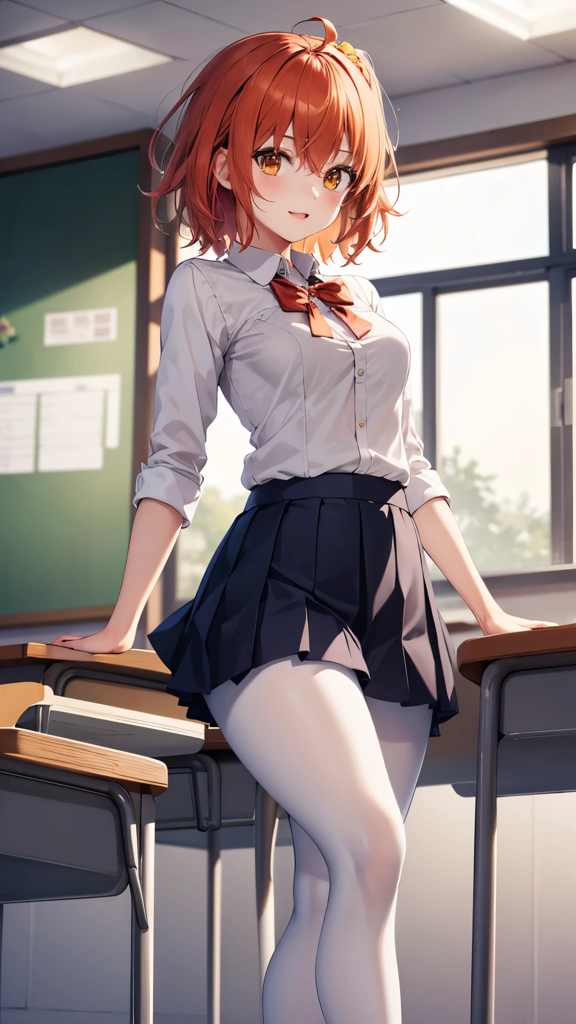 masterpiece, best quality, highres, aaritsuka, short hair, ahoge, hair scrunchie, orange scrunchie, white school shirt, pleated miniskirt, classroom, pantyhose, medium breasts