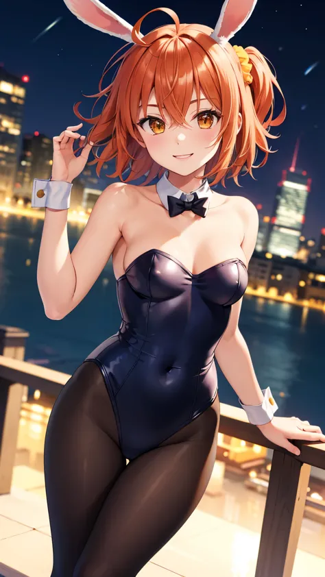 masterpiece, best quality, highres, aaritsuka, short hair, ahoge, hair scrunchie, orange scrunchie, smile, medium breasts, bunny...