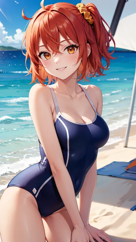 masterpiece, best quality, highres, aaritsuka, short hair, ahoge, hair scrunchie, orange scrunchie, one-piece swimsuit, smile, b...