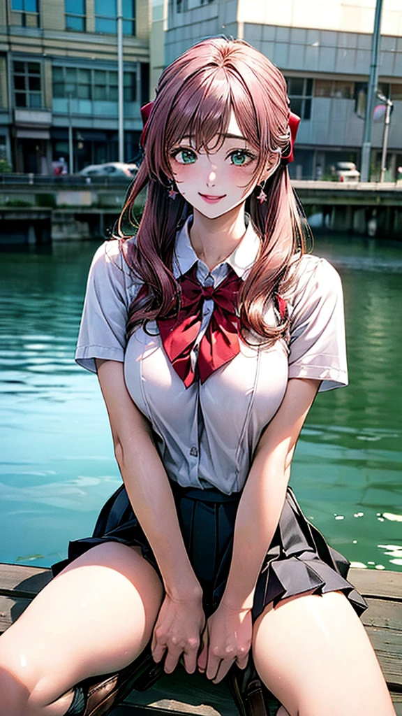 (masterpiece:1.2, Highest quality), (Realistic, photoRealistic:1.4), Beautiful illustrations, (Natural Side Lighting, Cinema Lighting), 
View your viewers, Cowboy Shot, Front view:0.6, 1 girl, Japanese, high school girl, Perfect Face, Cute and symmetrical face, Glowing Skin, 
(Long Hair:1.8, Straight hair:1.7, Light pink hair), Parted bangs, Emerald green eyes, Long eyelashes, (Large Breasts:0.9, Thick thighs), 
Beautiful Hair, Beautiful Face, Beautiful attention to detail, Beautiful clavicle, Beautiful body, Beautiful breasts, Beautiful thighs, Beautiful feet, Beautiful fingers, 
((White collared shirt, Grey pleated mini skirt, , Black socks, Brown Loafers, Red bow tie)), hoop ring earrings, Pink Panties, 
(Beautiful views), evening, River side, (Cute smile,),Spread your legs wide、Panties visible from under the skirt、（四つん這い、濡れた服、スカートめくり）