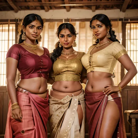 3girls, realistic photograph of three young rustic tamil village belle dressed in an ((unhooked blouse and indian skirt)) standi...