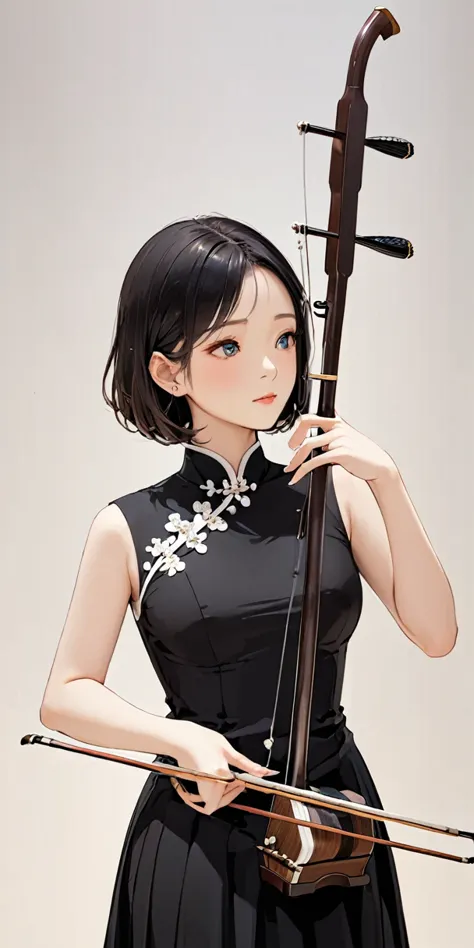 1 girl,short hair,play erhu,holding erhu,,, (((masterpiece,best quality))),((good structure,good composition,good atomicity)), (...