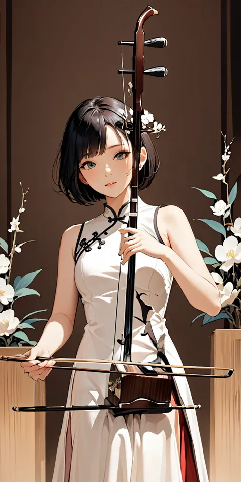 1 girl,short hair,play erhu,holding erhu,,, (((masterpiece,best quality))),((good structure,good composition,good atomicity)), (...