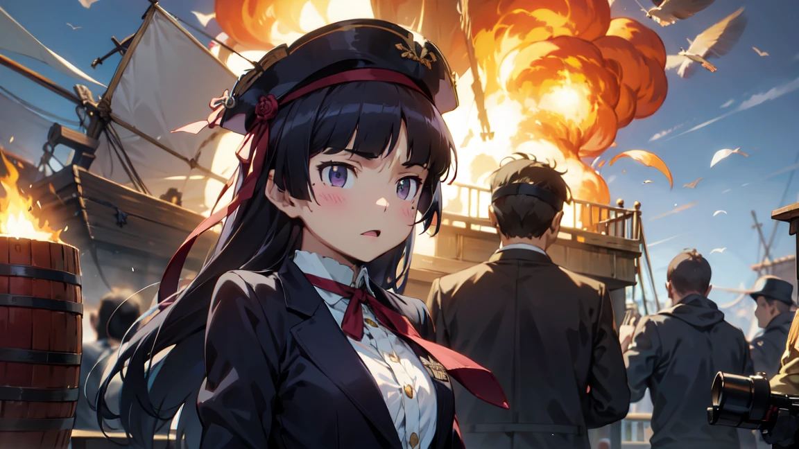 pirate戦争, Dramatic, One Girl, Hime cut, (ruri gokou), Red eyes, pirate, pirate hat, deck, coat, Eye patch, Fierce naval battle, Brawl, pirateの旗, Artillery fire, Shattered Ship, Splash, Cannon smoke, Black sail, Fire and Destruction, bullets flying, cutlass