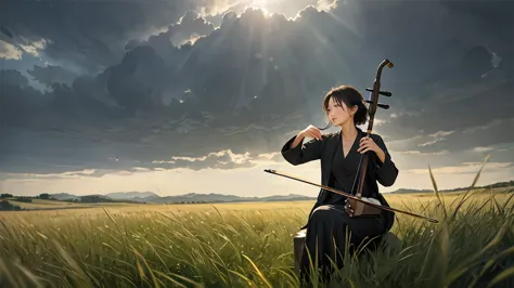 short hair,play erhu,holding erhu,,, (((masterpiece, high-quality animation, realistic and beautiful photos, (hdr: 1.2), fine po...