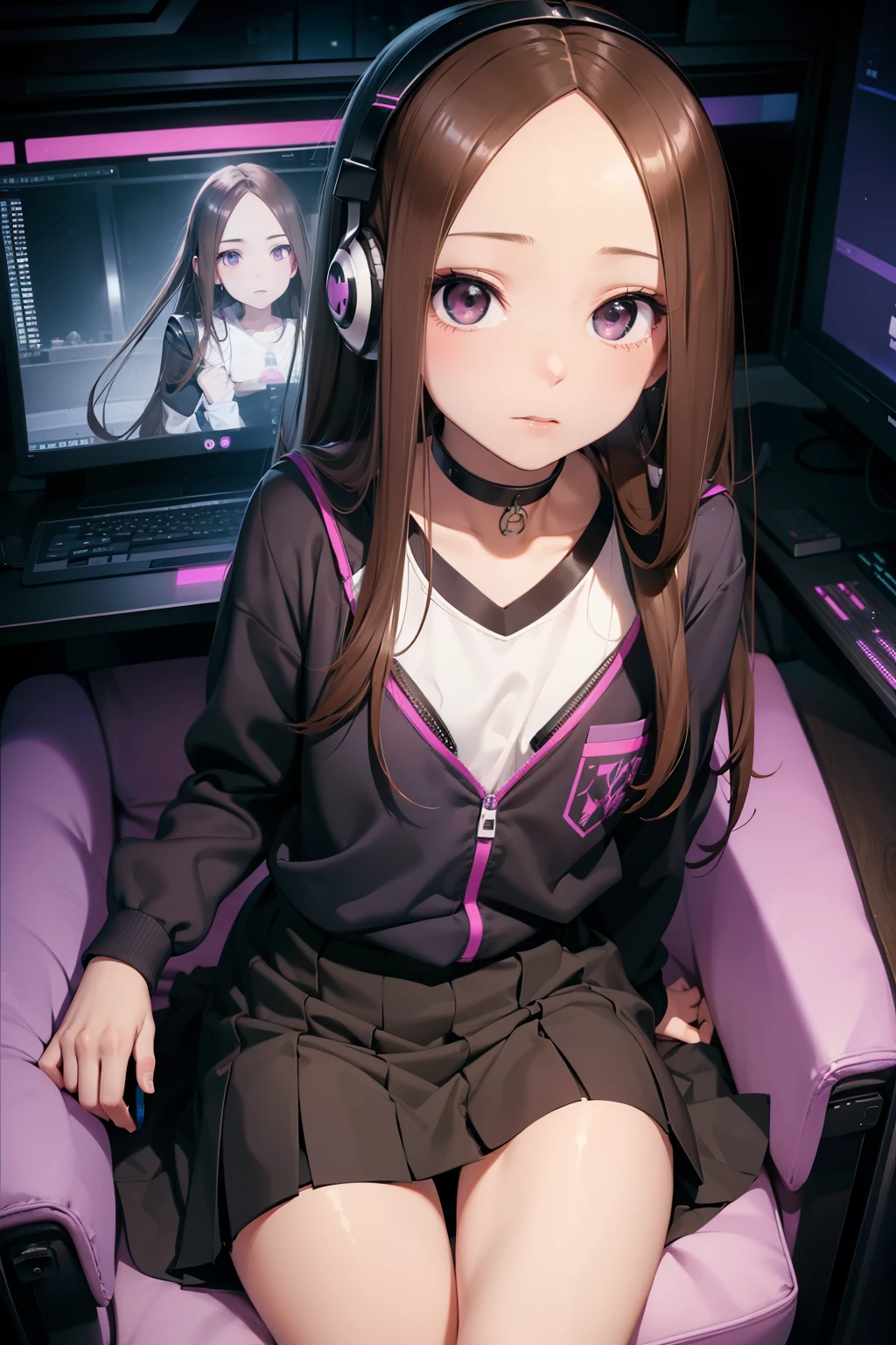 ultra realistic, girl, long  hair, headphones, sitting, slumped in an armchair, in a futuristic cabin, surrounded by monitors, and olographic screens , view from above, purple lights , flat chest, pre-adolescent. She looks with malicious , mini-skirt , visible panties. open legs , pantie 