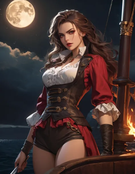 a portrait of a woman vampire pirate queen on a pirate ship ready for battle, ((full body: 1.5)), ((anatomically correct: 1.5)),...