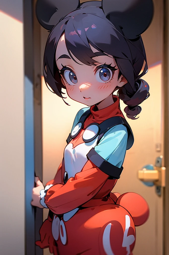 Cute girl in attractive Mickey Mouse clothes stands in front of the door 