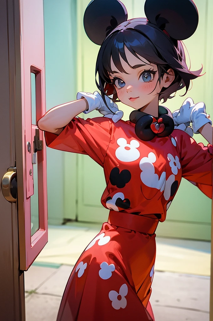 Cute girl in attractive Mickey Mouse clothes stands in front of the door 