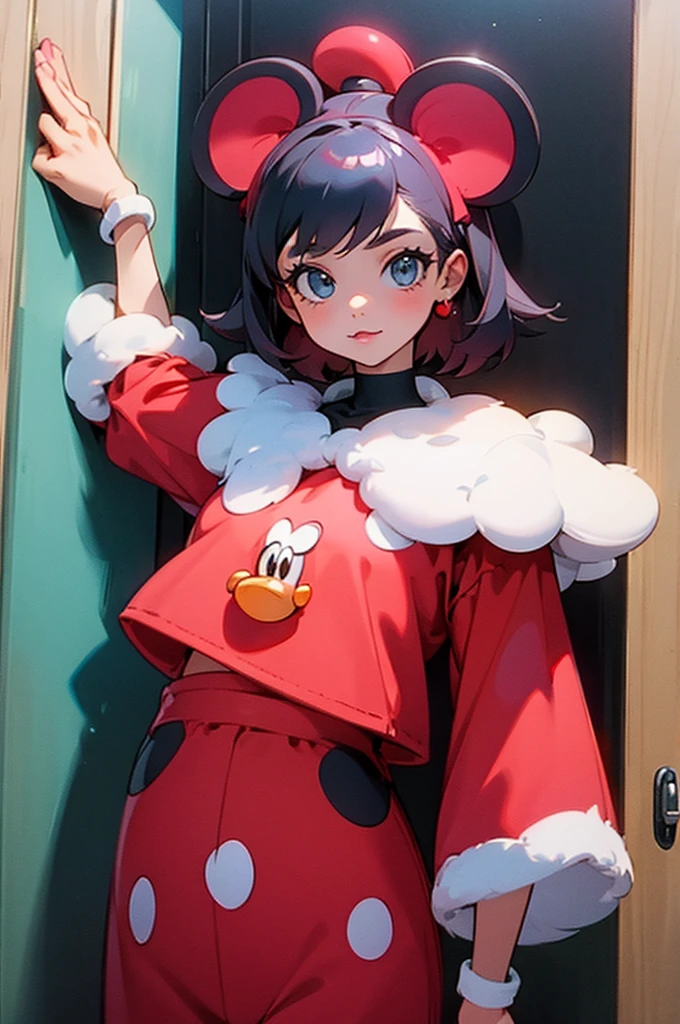 Cute girl in attractive Mickey Mouse clothes stands in front of the door 