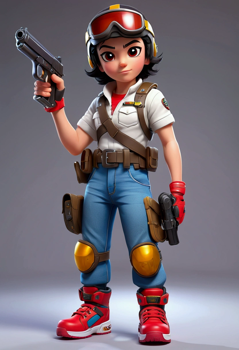 (((masterpiece))),(((highest quality))),(((16k))), Neutral background, Realistic light, (((cartoon))), stylized, (((3d visual))), Vibrant Colors, saturated, (Specialist shooter), fighter, pilot helmet, reflexive tech glass, ((big plastic colored pistol)), jeans pants, basic t-shirt, ((exagerated shoes:1.4)), ((Protective Gear knee colored:1.4)), arm lace, holster, legs holster, kids watch, gloves, standing pose, big belt, slingshot, ((young face)), ((exagerated big shoes:1.4)), black hair, ((Teenage body1.4)), standing pose, turn around character, holster on pants