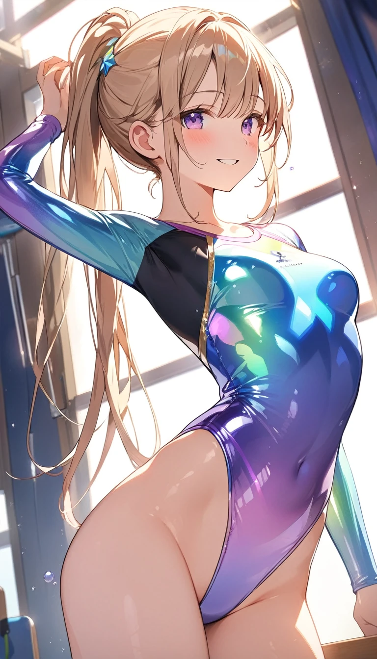 highquality illustration, masterpiece, very delicate and beautiful, attractive girl,(gymnastics leotard,long sleeve leotard with glittery decoration,high_leg leotard,athletic leotard,tight-fit leotard,iridescent gradient leotard,long sleeve leotard),thin,slender body,slim,high school,gymnasium background,gymnastics club,gymnastics athlete,princess, beautiful eyes,light smile,(masterpiece, best quality:1.2), highres, extremely detailed CG unity 8k wallpaper, perfect lighting, Colourful, ultra-high res,4K,ultra-detailed, photography, 8K, HDR, 17 ages,cowboy shot,