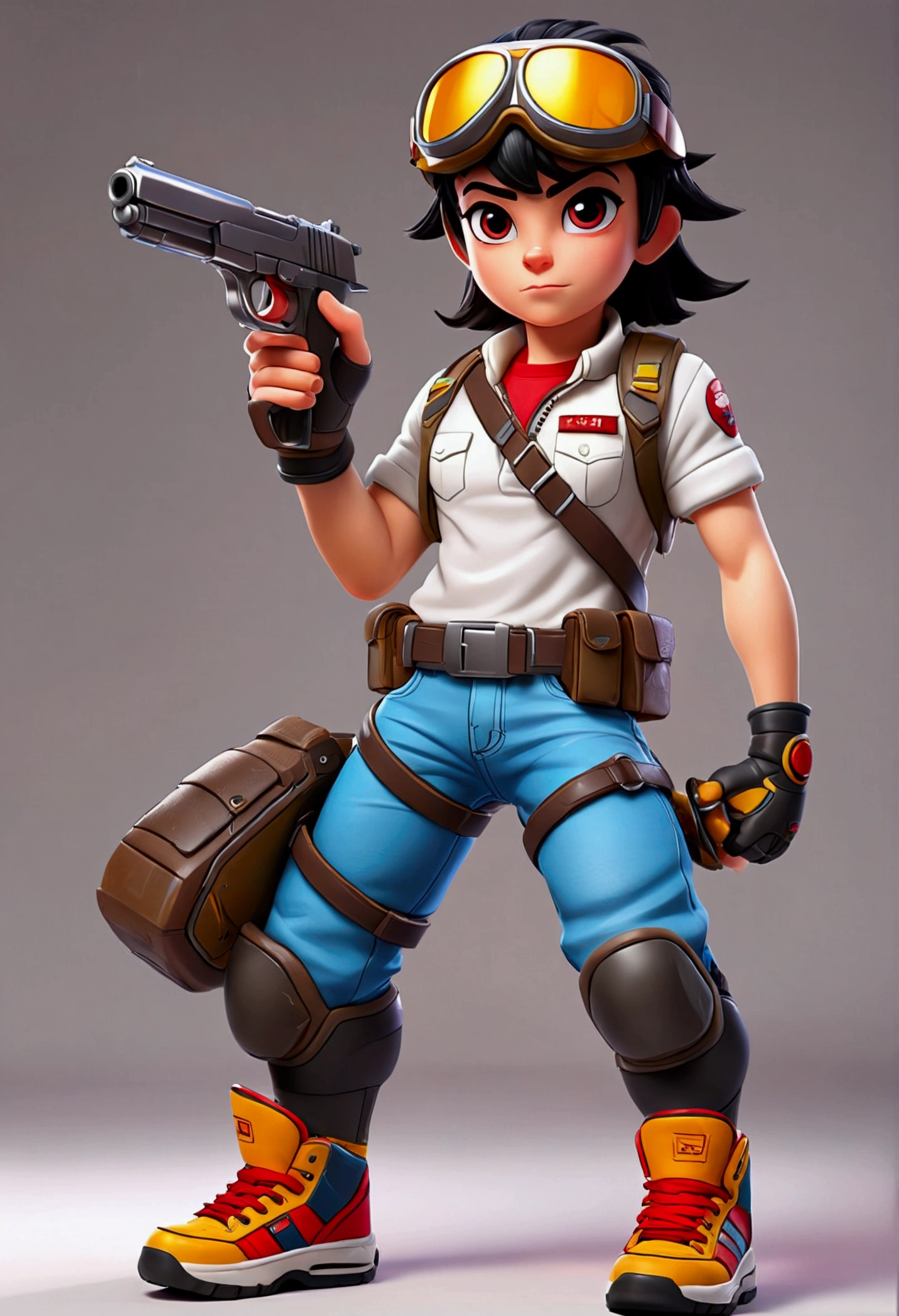 (((masterpiece))),(((highest quality))),(((16k))), Neutral background, Realistic light, (((cartoon))), stylized, (((3d visual))), Vibrant Colors, saturated, (Specialist shooter), fighter, pilot helmet, reflexive tech glass, ((big plastic colored pistol)), jeans pants, basic t-shirt, ((exagerated shoes:1.4)), ((Protective Gear knee colored:1.4)), arm lace, holster, legs holster, kids watch, gloves, standing pose, big belt, slingshot, ((young face)), ((exagerated big shoes:1.4)), black hair, ((Teenage body1.4)), standing pose, turn around character, holster on pants