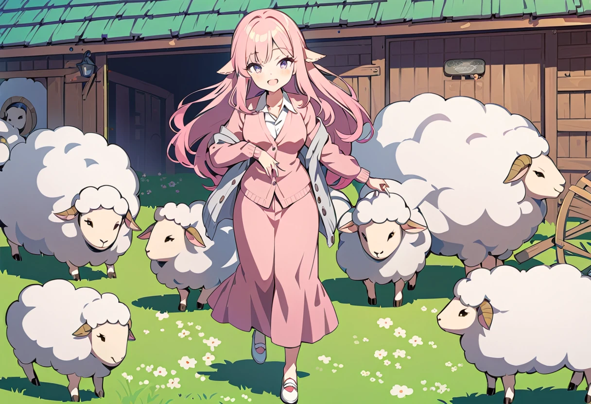 masterpiece, Highest quality, 8k, (Vividピクセルアート), (Vivid), woman, 若いwoman, smile, cute, Directed at an angle, Open your mouth, Fluffy hair, Long Hair, Hair like sheep's hair, Pink Hair, eyebrow, 太いeyebrow, one piece, Pink clothes, Long skirt, cardigan, 水色のcardigan, shoes, 茶色いshoes, ((Leading the sheep to the shed, Detailed sheep)), grassland