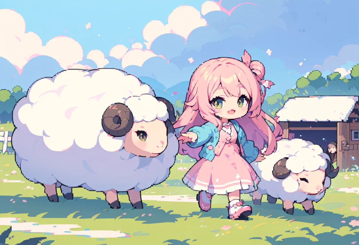 masterpiece, Highest quality, 8k, (Pixel Art), Vivid, woman, 若いwoman, smile, cute, Directed at an angle, Open your mouth, Fluffy hair, Long Hair, Hair like sheep's hair, Pink Hair, eyebrow, 太いeyebrow, one piece, Pink clothes, Long skirt, cardigan, 水色のcardigan, shoes, 茶色いshoes, ((Leading the sheep to the shed, Detailed sheep)), grassland