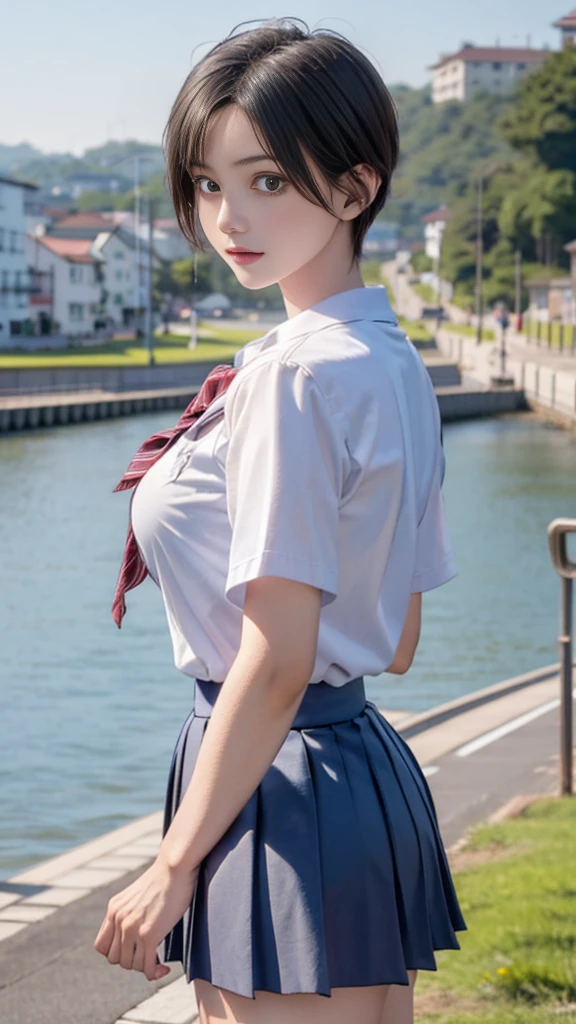 テーブルトップ, 最高品質, 高解像度, 
把握する, 
(学生服, プリーツスカート), 
美しい独身女性, ブロンド, ピクシーショートヘア、 美しい顔, 細部への美しい配慮, 美しい体, 美しい胸, 


海辺の町、日本の夏、青空