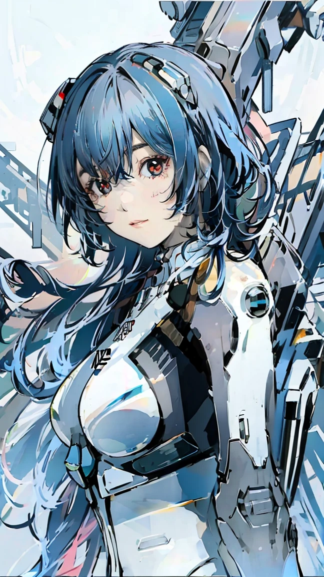 A giant humanoid weapon stands behind him.、Upper Body、Light blue hair、Shortcuts、White pilot suit、Large Breasts、Red eyes、Glare、