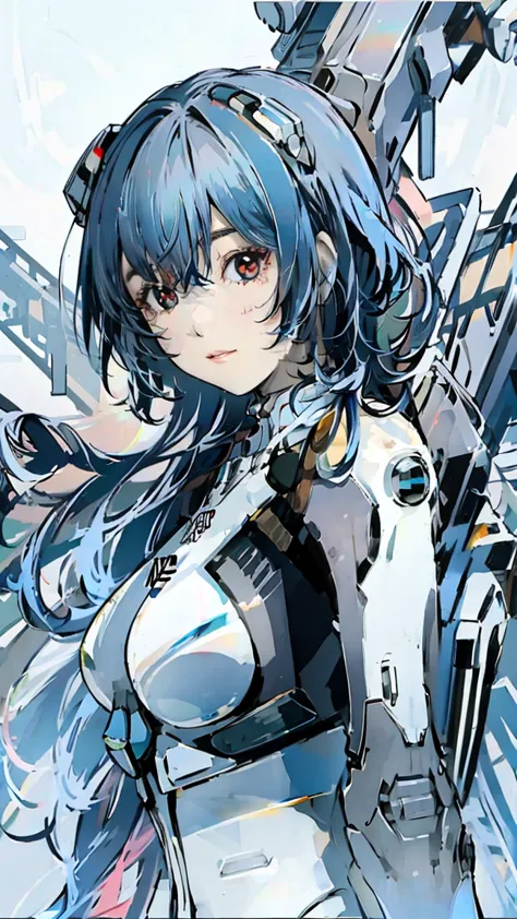 A giant humanoid weapon stands behind him.、Upper Body、Light blue hair、Shortcuts、White pilot suit、Large Breasts、Red eyes、Glare、