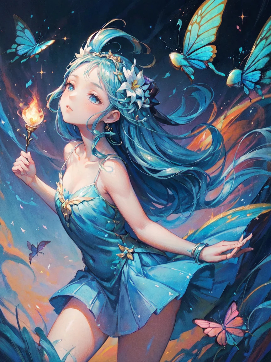 (masterpiece, highest quality:1.2),Wind Spirit,girl:17 years old:perfect face,dance,butterfly々,flower,Wind,effect,be familiar with,magic effect,light,Very light, artistic, artist, color art, Use of magic,fancy,fantasy,beautiful,The best masterpiece,masterpiece,Sparkling,rich colors,colorful,Cast a colorful spell,be familiar with,Beautiful light and shadow,Sounds like fun, doesn't it?,anatomically correct,Wind effect,dream-like,fantasy,mysterious,Lakeside