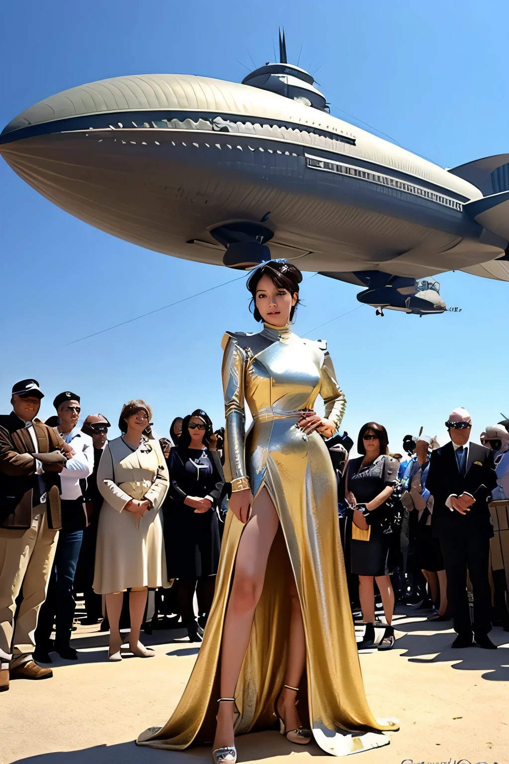 Woman in futuristic dress stands in front of a large crowd of people, large dieselpunk flying airships, dribble, Inspired by Gil Elvgren, fantasy paladin female, Inspired by Mark Brooks, [ Bubble, Portrait of Helen of Troy, Science - Fi : :, golden armor  