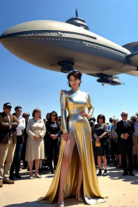 woman in futuristic dress stands in front of a large crowd of people, large dieselpunk flying airships, dribble, inspired by gil...