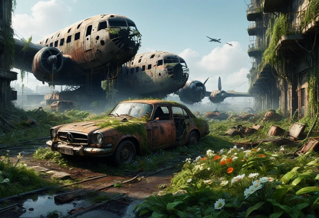 "Create a 3D animation of an abandoned metropolis (2022) in the style of Jakub Rozalski
* rusty airplane, overgrown with moss, showing signs of decay
* Intricate details, including texturing and modeling, in ultra-high quality
* Render the scene in 8K resolution (7680 x 4320 pixels) with extreme attention to detail
The metropolis should be overgrown with lush greenery, with vines and flowers, bridges covering the buildings and streets. Rusty cars should be in various states of disrepair, with visible corrosion and oxidation. Include subtle lighting and atmospheric effects to create a sense of depth and immersion.
deliver detailed, seamless, and high-quality 3D animation that meets these specifications."