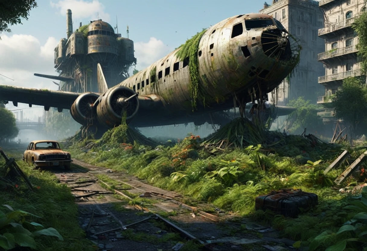 "Create a 3D animation of an abandoned metropolis (2022) in the style of Jakub Rozalski
* rusty airplane, overgrown with moss, showing signs of decay
* Intricate details, including texturing and modeling, in ultra-high quality
* Render the scene in 8K resolution (7680 x 4320 pixels) with extreme attention to detail
The metropolis should be overgrown with lush greenery, with vines and flowers, bridges covering the buildings and streets. Rusty cars should be in various states of disrepair, with visible corrosion and oxidation. Include subtle lighting and atmospheric effects to create a sense of depth and immersion.
deliver detailed, seamless, and high-quality 3D animation that meets these specifications."