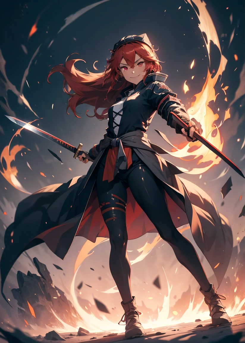 Best quality, masterpiece, 1girl, holding_katana, red eyes, black pants,long red shirt,Extreme long shot,  fire sword , upper body, ear piercings, ,black bomber jacket, , full_body, tsundere face with smiling ,neon sign,outfit-km,High detailed ,high_res, , , red hair , holding blue fire sword with prefect pose to hold , , ,, long hair,battoujutsu