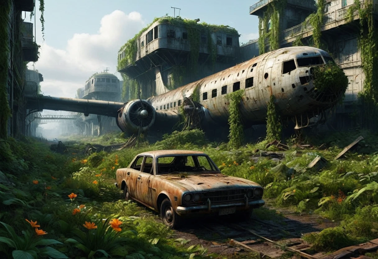 "Create a 3D animation of an abandoned metropolis (2022) in the style of Jakub Rozalski
* rusty airplane, overgrown with moss, showing signs of decay
* Intricate details, including texturing and modeling, in ultra-high quality
* Render the scene in 8K resolution (7680 x 4320 pixels) with extreme attention to detail
The metropolis should be overgrown with lush greenery, with vines and flowers, bridges covering the buildings and streets. Rusty cars should be in various states of disrepair, with visible corrosion and oxidation. Include subtle lighting and atmospheric effects to create a sense of depth and immersion.
deliver detailed, seamless, and high-quality 3D animation that meets these specifications."